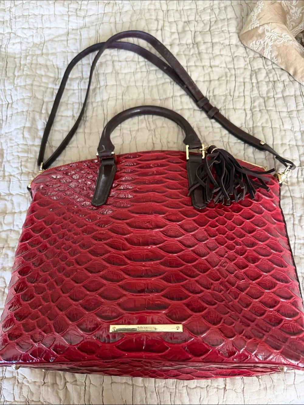 Brahmin bag large red and brown like new 16” by 11”